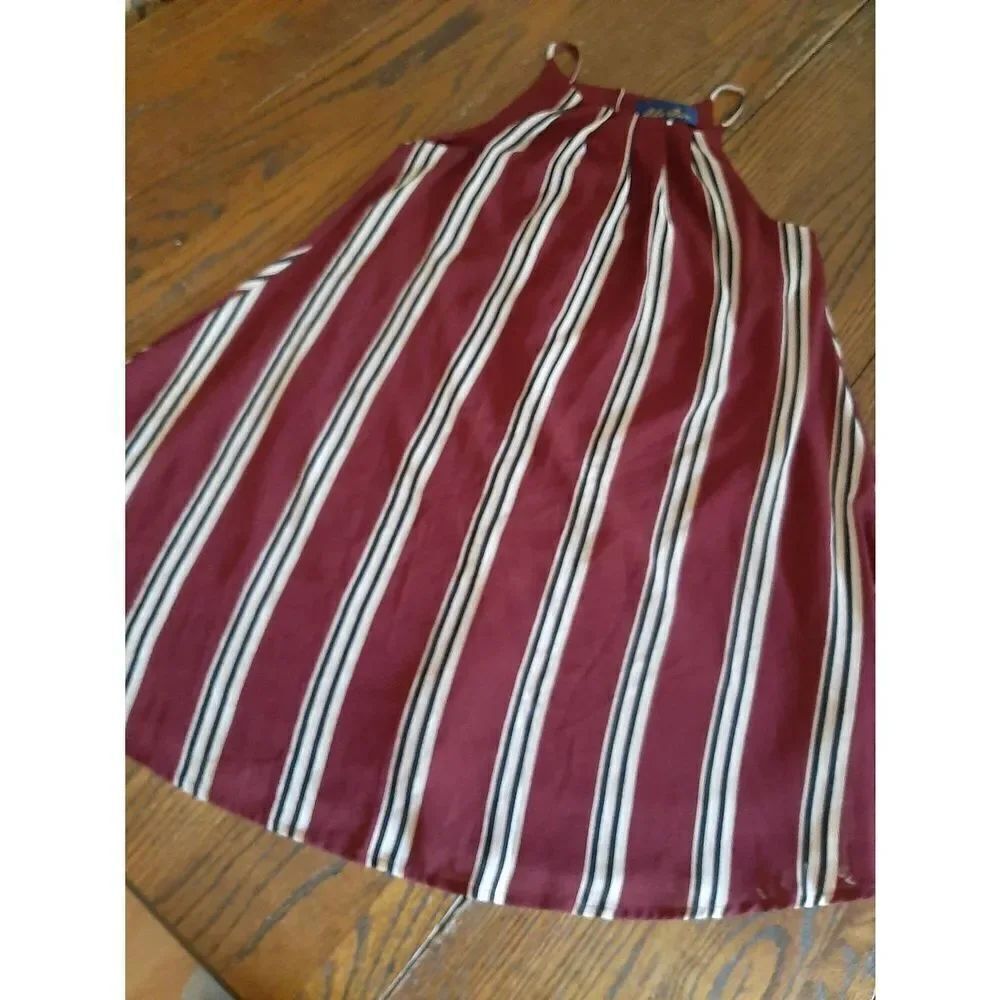 Small Blue Rain Sleeveless Lined Burgandy Pink Ivory Striped Mini Dress Sundress